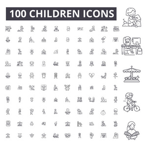 儿童可编辑行图标, 100个矢量集, 集合。儿童黑色轮廓插图, 标志, 符号