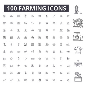 农业可编辑行图标, 100个矢量集, 集合。农业黑色轮廓插图标志符号