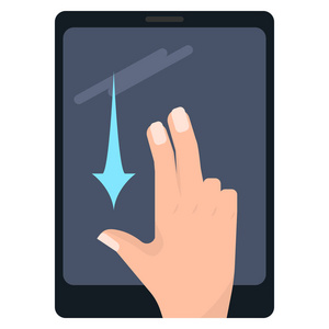 用两个手指在平板矢量插图上按下触摸屏手势。 平面风格设计。 彩色图形