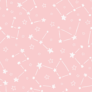 手绘涂鸦星座粉红色背景矢量无缝模式。可爱的星星婴儿打印