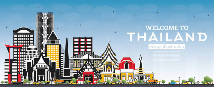 欢迎来到泰国城市天际线，有彩色建筑和蓝天。 矢量图。 具有历史建筑的旅游理念。 泰国城市景观与地标。