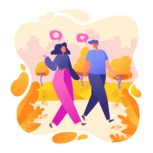 爱情故事主题的浪漫矢量插图。 快乐的平人性格在公园里散步。 快乐的情人男人和女人调情。 情人节主题的生活方式概念。
