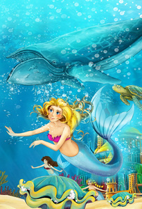卡通海洋和水下王国中的美人鱼与鲸鱼一起游泳儿童插图