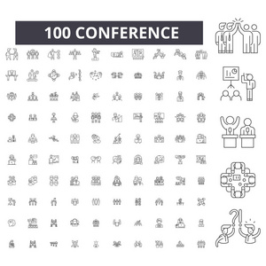 会议可编辑行图标, 100 向量集, 集合。会议黑色轮廓插图, 标志, 符号