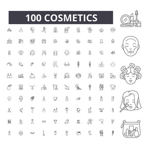 化妆品可编辑行图标, 100 矢量集, 收集。化妆品黑色轮廓插图, 标志, 符号
