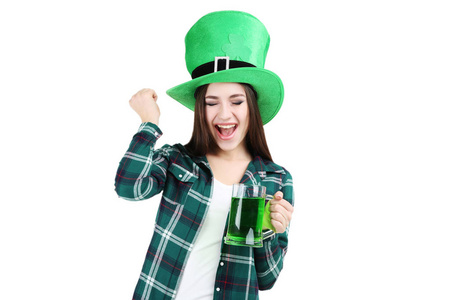 s Day. Beautiful woman wearing green hat with beer on white back