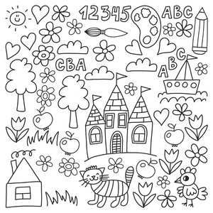 幼稚园样式, 画孩子庭院元素样式, 涂鸦图画, 向量例证, 单色, 黑, 白色
