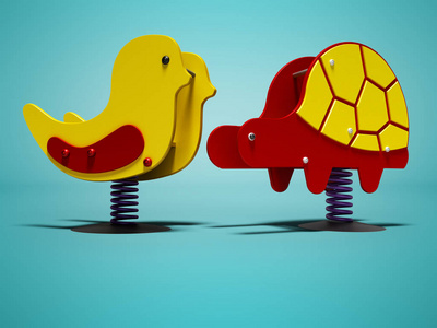 黄鸡和红龟在春天为儿童3D渲染蓝色背景与阴影