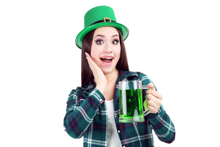 s Day. Beautiful woman wearing green hat with beer on white back