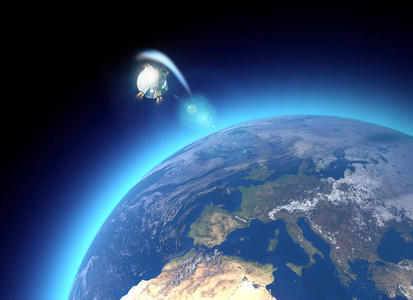 航天器机组人员运载轨道舱。 绕着地球转。 地球的卫星视图。 大气摩擦。 这幅图像的元素是由美国宇航局提供的。 3D渲染
