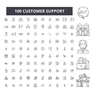 客户支持可编辑行图标, 100 矢量集, 集合。客户支持黑色轮廓插图标志符号