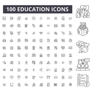 教育可编辑行图标, 100个矢量集, 集合。教育黑色轮廓插图, 标志, 符号