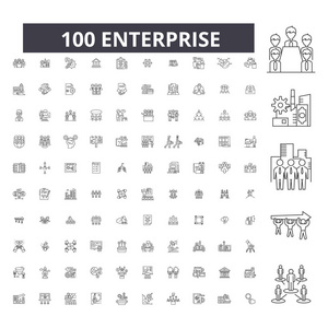 企业可编辑行图标, 100个矢量集, 集合。企业黑色轮廓插图标志符号