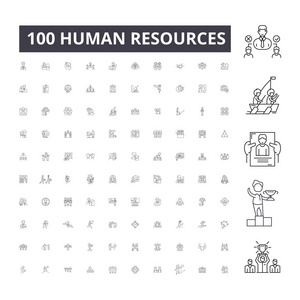 人力资源可编辑行图标, 100个矢量集, 集合。人力资源黑色轮廓插图, 标志, 符号