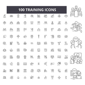 训练可编辑行图标, 100个矢量集, 集合。训练黑色轮廓插图标志符号