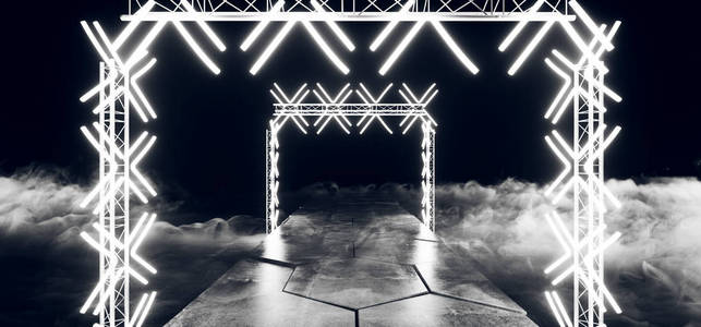 烟雾雾未来现代科幻俱乐部舞蹈舞台建设霓虹灯发光矩形白色激光舞台灯在黑暗格栅混凝土六角砖地板3渲染插图