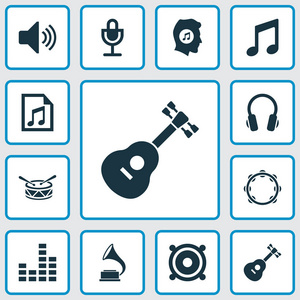 多媒体图标设置音符, 播放列表, 留声机和其他声音元素。独立的插图多媒体图标