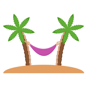 棕榈树与吊床上的海滩图标矢量插图平面风格设计隔离在白色。 彩色图形