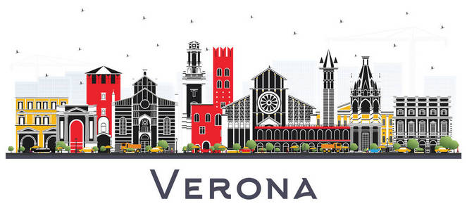 维罗纳意大利城市天际线与彩色建筑隔离在白色。 矢量图。 具有历史建筑的商务旅游和旅游理念。 维罗纳城市景观与地标。