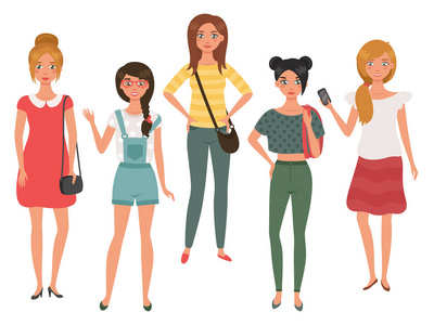 一群年轻漂亮的女孩被孤立在白色的背景.前视图照片