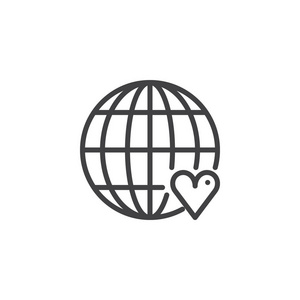 地球地球仪与心脏图标矢量填充平面标志固体象形文字隔离在白色上。 慈善象征标志标志插图