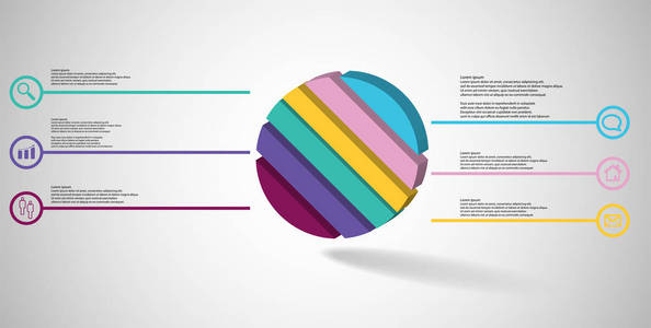 三维插图信息模板。 浮雕环斜分为六个颜色部分。 物体布置在灰色白色背景上。 彩色线与简单的标志在圆圈是在侧面。