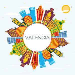 巴伦西亚西班牙城市天际线与彩色建筑蓝天和复制空间。 矢量图。 具有历史建筑的商务旅游和旅游理念。 巴伦西亚城市景观与地标。