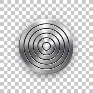 抽象圆圈几何徽章技术穿孔按钮模板与金属纹理铬银钢和现实阴影的标志设计概念接口应用程序。 矢量图。