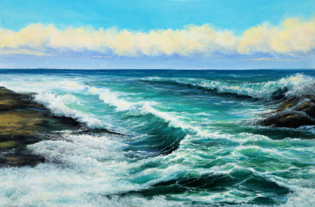 原始油画,在画布上显示海洋或海洋中的波浪. 现代印象派现代主义照片