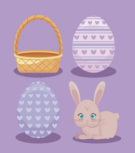 可爱的兔子与装饰鸡蛋和篮子柳条复活节