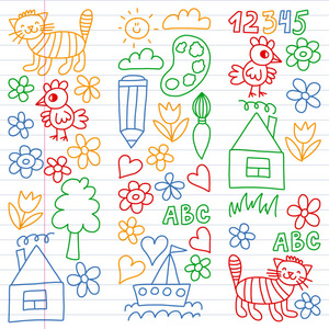 幼儿园图案, 绘制儿童园林元素图案, 涂鸦画, 矢量插图, 五颜六色.