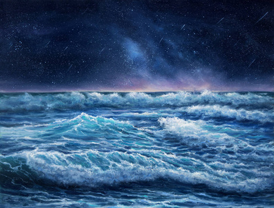 原始的油画,在海洋或海洋中展示波浪,在画布上展示夜空.