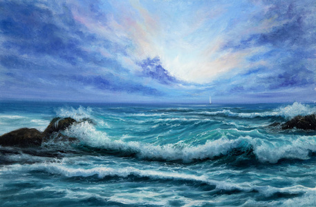 原始的油画,在画布上海洋或海洋中的波浪. 现代印象派现代主义照片