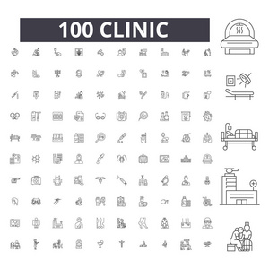 诊所可编辑行图标, 100个矢量集, 集合。诊所黑色轮廓插图, 标志, 符号
