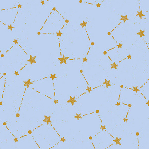 手绘涂鸦星座在天空蓝色背景向量无缝模式。可爱的星星婴儿打印