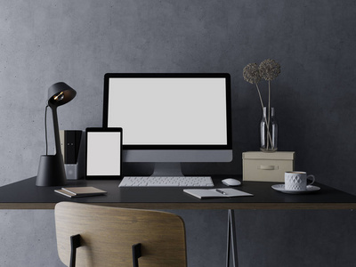 三维渲染模拟设计模板的空白白色屏幕的计算机和平板电脑的左边，为您的网页和应用程序预览在黑色时尚的工作空间与凌乱的设计师办公桌前视