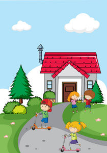 房子前面的儿童插图