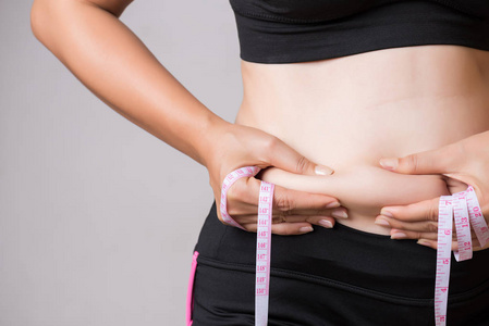 胖女人的手拿着过量的腹部脂肪与测量磁带。 保健和妇女饮食生活方式的概念，以减少腹部和塑造健康的胃肌。