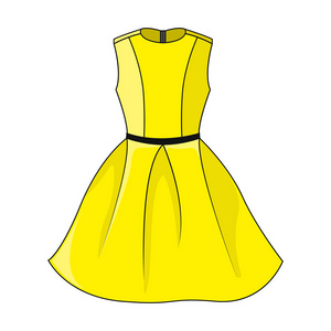 优雅的黄色连衣裙图标。 漂亮的短黄色连衣裙，黑色深灰色带隔离在白色背景上。 没有袖子的节日礼服。 矢量插图eps10。