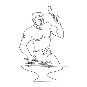 锤子敲打连续线插图的铁匠与锤子和钳子敲打铁砧从前面做的黑白单刀