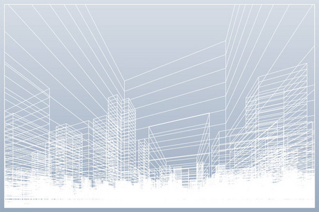 抽象线框城市背景。 建筑线框的透视三维渲染。 矢量图。