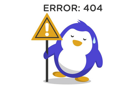 可爱的企鹅正在显示错误404.孤立在白色背景上.照片