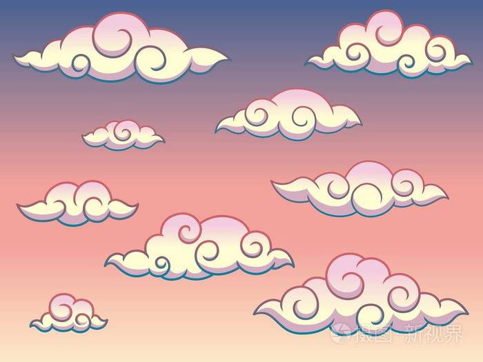 彩虹日本或中国漩涡卷曲风格的云在天空背景上的白色背景矢量剪辑艺术