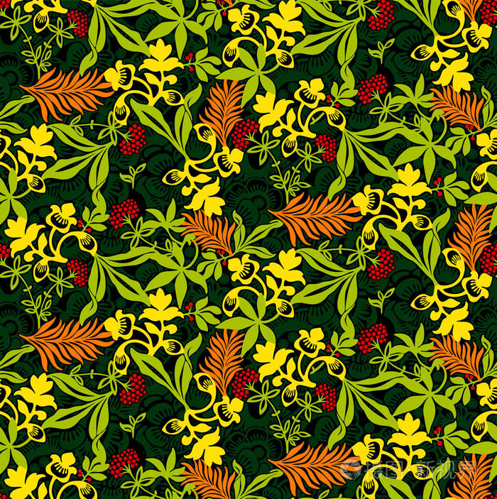 热带树叶和黄花的深色花卉无缝壁纸。 平式风格