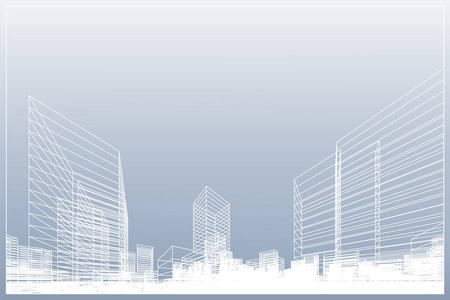 抽象线框城市背景。 建筑线框的透视三维渲染。 矢量图。