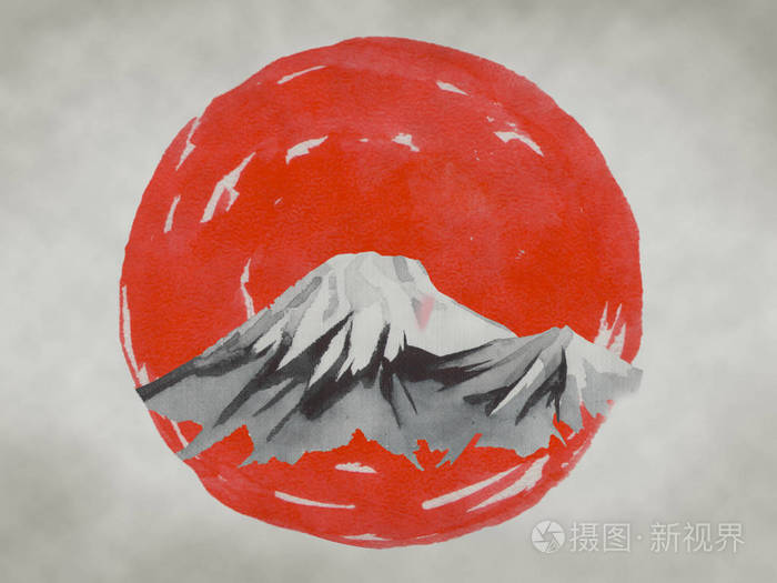 日本传统的染发漆富士山樱花日落日本太阳印第安墨水例证日语图片