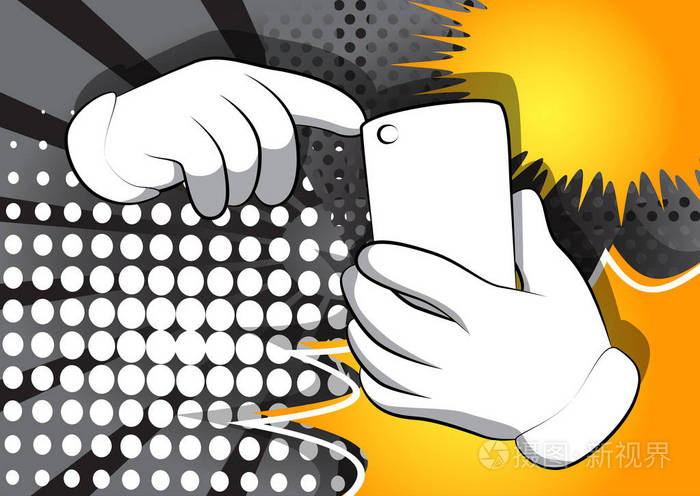 矢量卡通手使用手机漫画背景上的图示手势