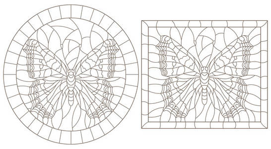 彩色玻璃的等高线图，在白色背景矩形和椭圆形图像上有蝴蝶的深色轮廓