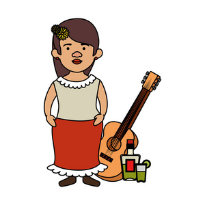 传统的墨西哥妇女与头发花和吉他