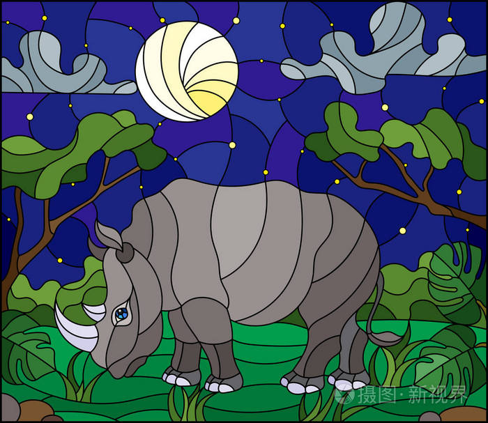 在星空和月亮的绿树背景上用可爱的灰色犀牛作为彩色玻璃风格的插图